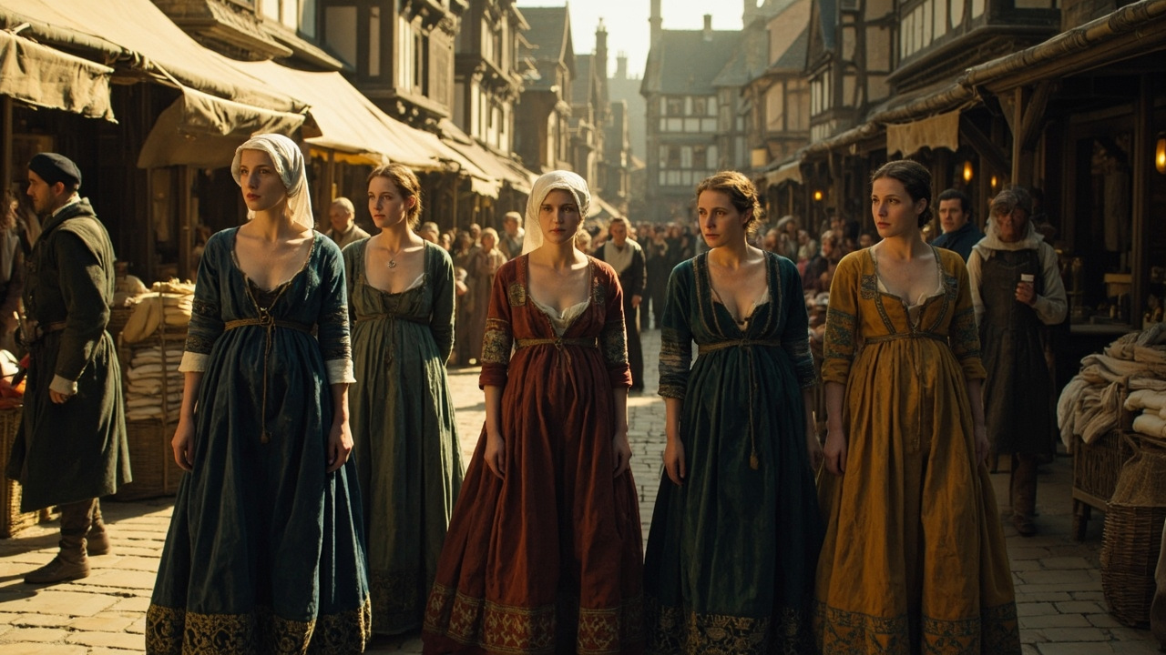 Five pregnant women in fitted bodices with rounded bellies, white linen coifs and full skirts in teal, olive, madder red and gold walking a sunlit half-timbered street past cloth stalls and wicker baskets