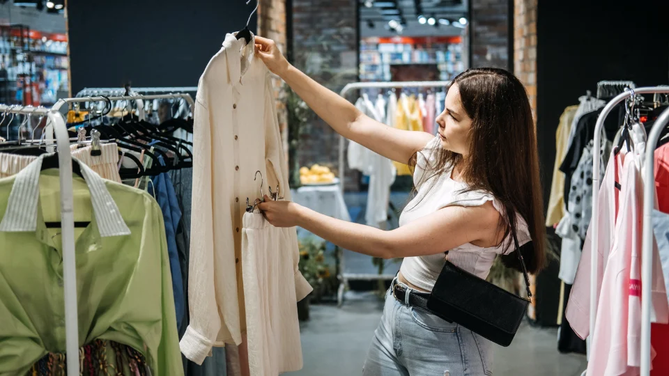 A woman examines a white blouse in a clothing store, carefully considering her options among the racks of colourful garments.