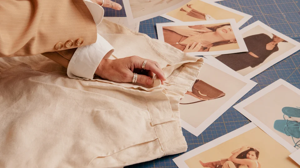 A person inspects fabric while surrounded by photos of fashion models, illustrating the creative and planning stages of fashion design.