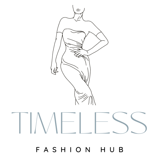 A minimalist logo featuring the silhouette of a stylish woman in an elegant dress, accompanied by the word "TIMELESS" in a sleek, modern font.