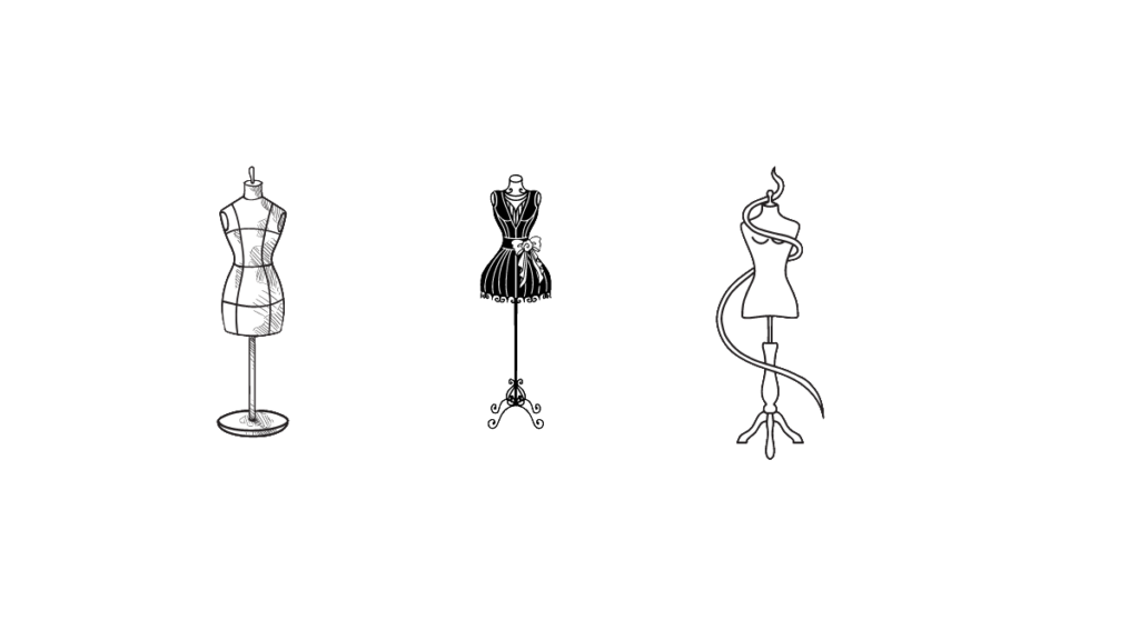 A trio of illustrated fashion mannequins, each showcasing different styles and designs, representing the art of dressmaking and fashion design.