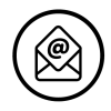 A simple black and white email icon featuring an envelope with an "@" symbol inside a circular border.